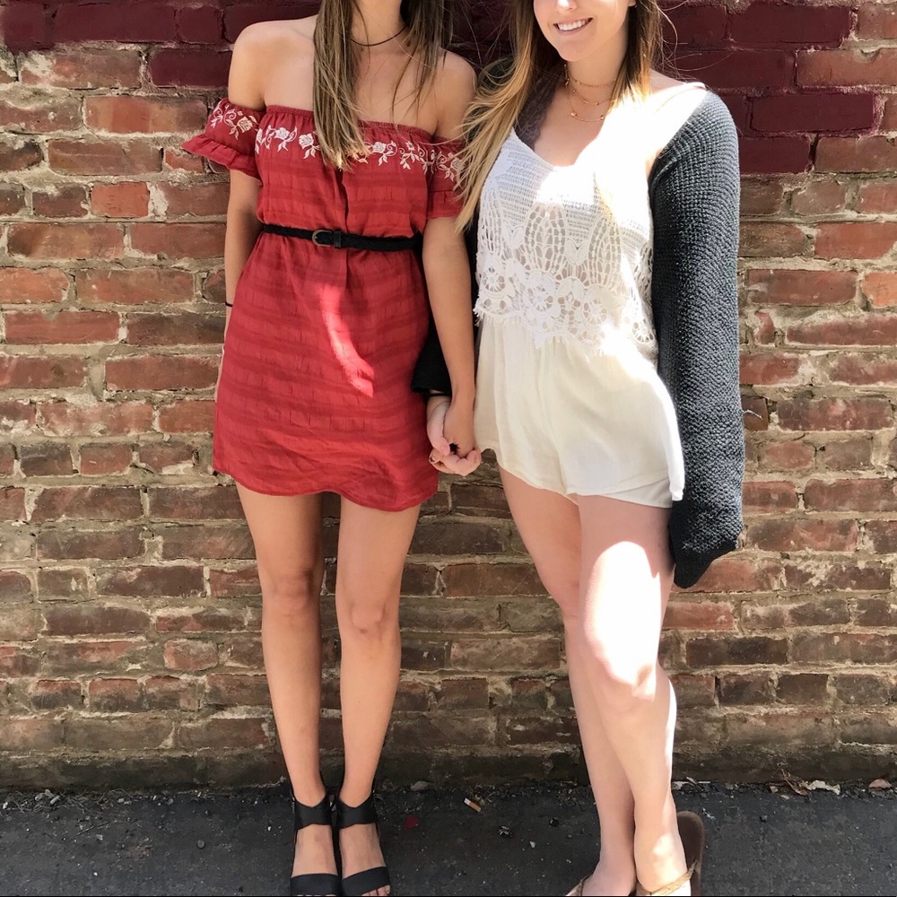 Burnt orange off the shoulder dress